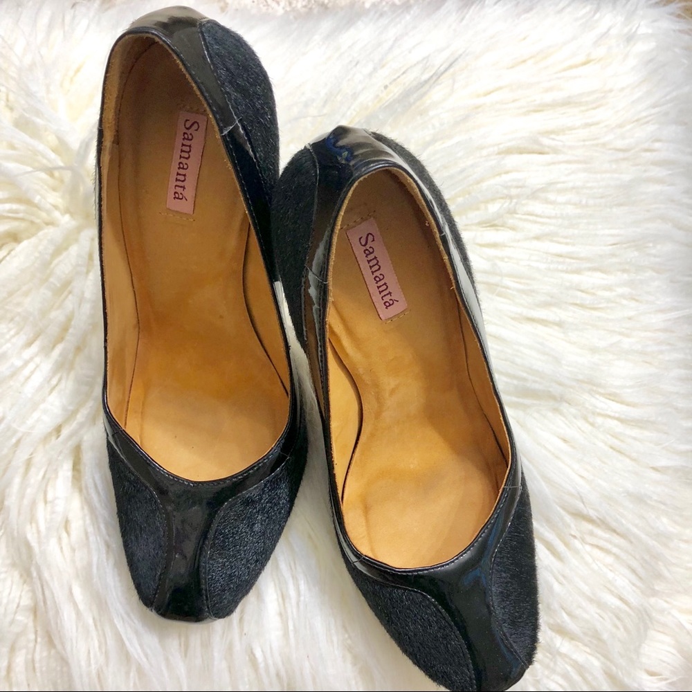 EUC Samanta Black Patent Leather & Calfhair Heel